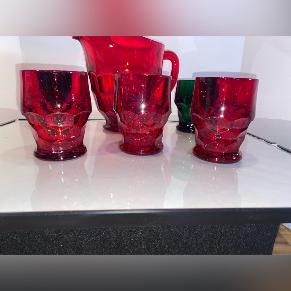 Vintage Georgian Ruby Red Pitcher & 5 Tumbler 3 Red 2 Green - Picture 3 of 4